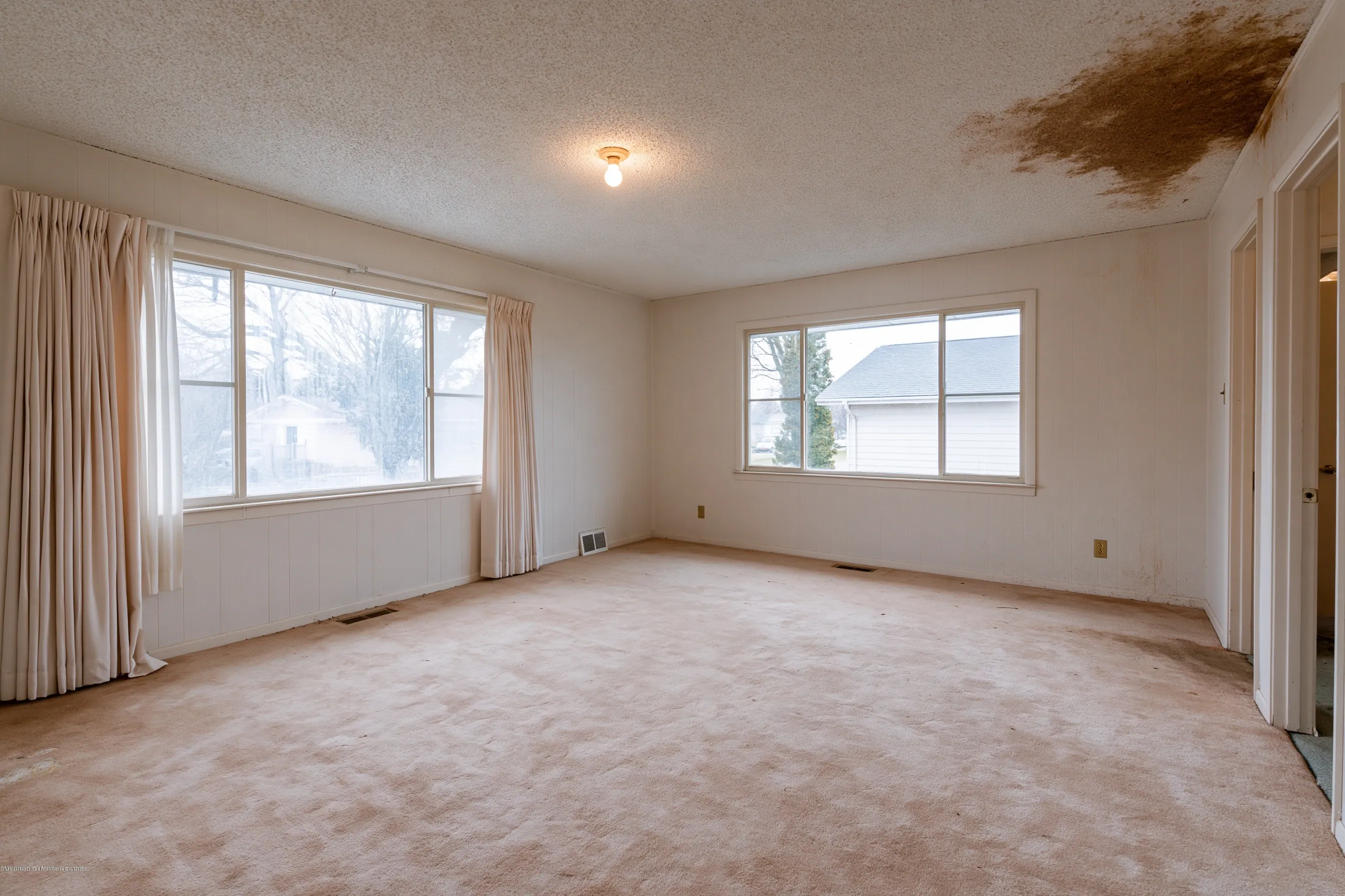 Empty carpeted bedroom with two wide windows, a textured ceiling and a large brown water stain in one corner of the ceiling