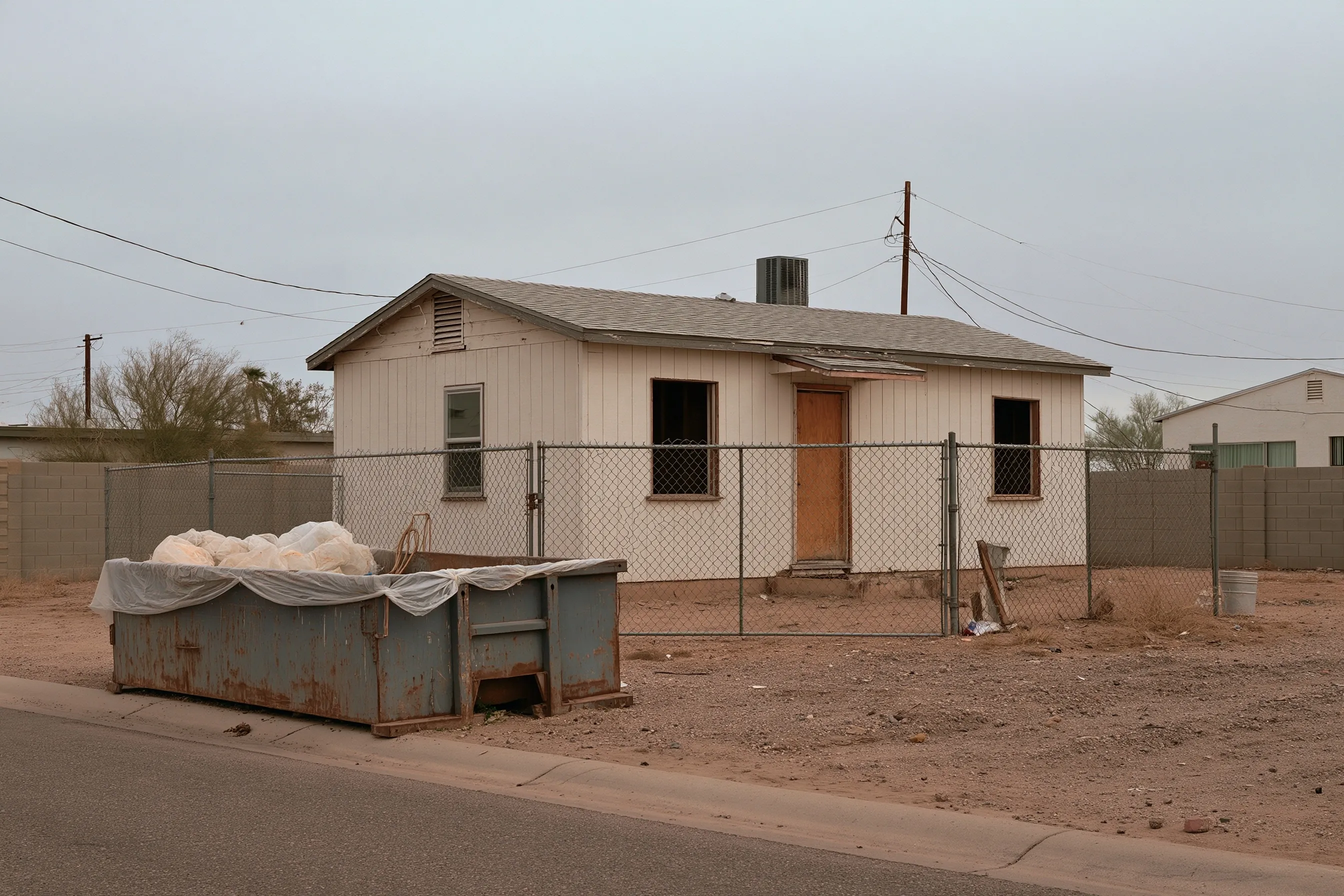 Older house prepared for demolition with fencing and containment, no workers present