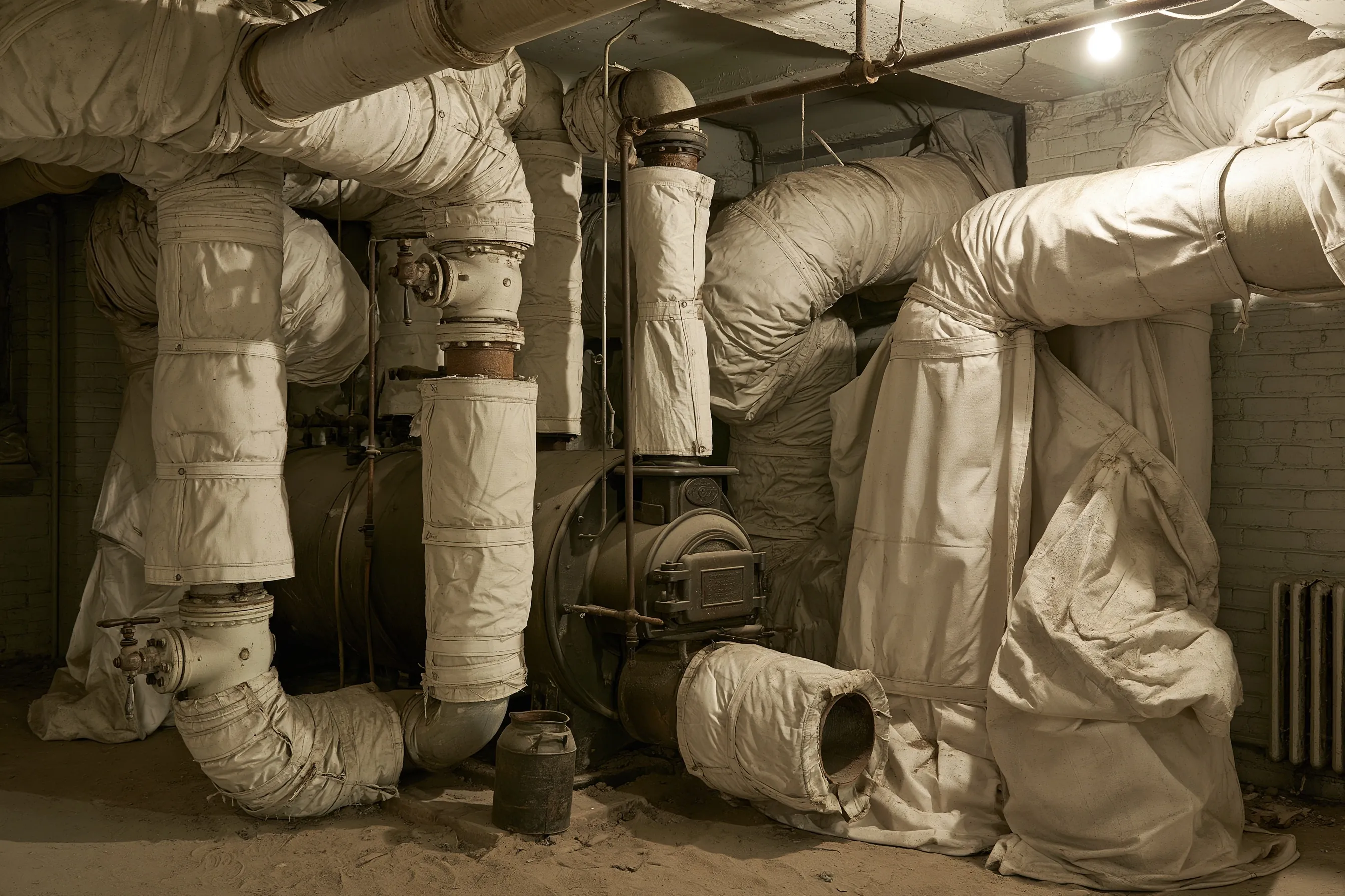 Old boiler and pipe runs with white wrapped insulation in a mechanical room