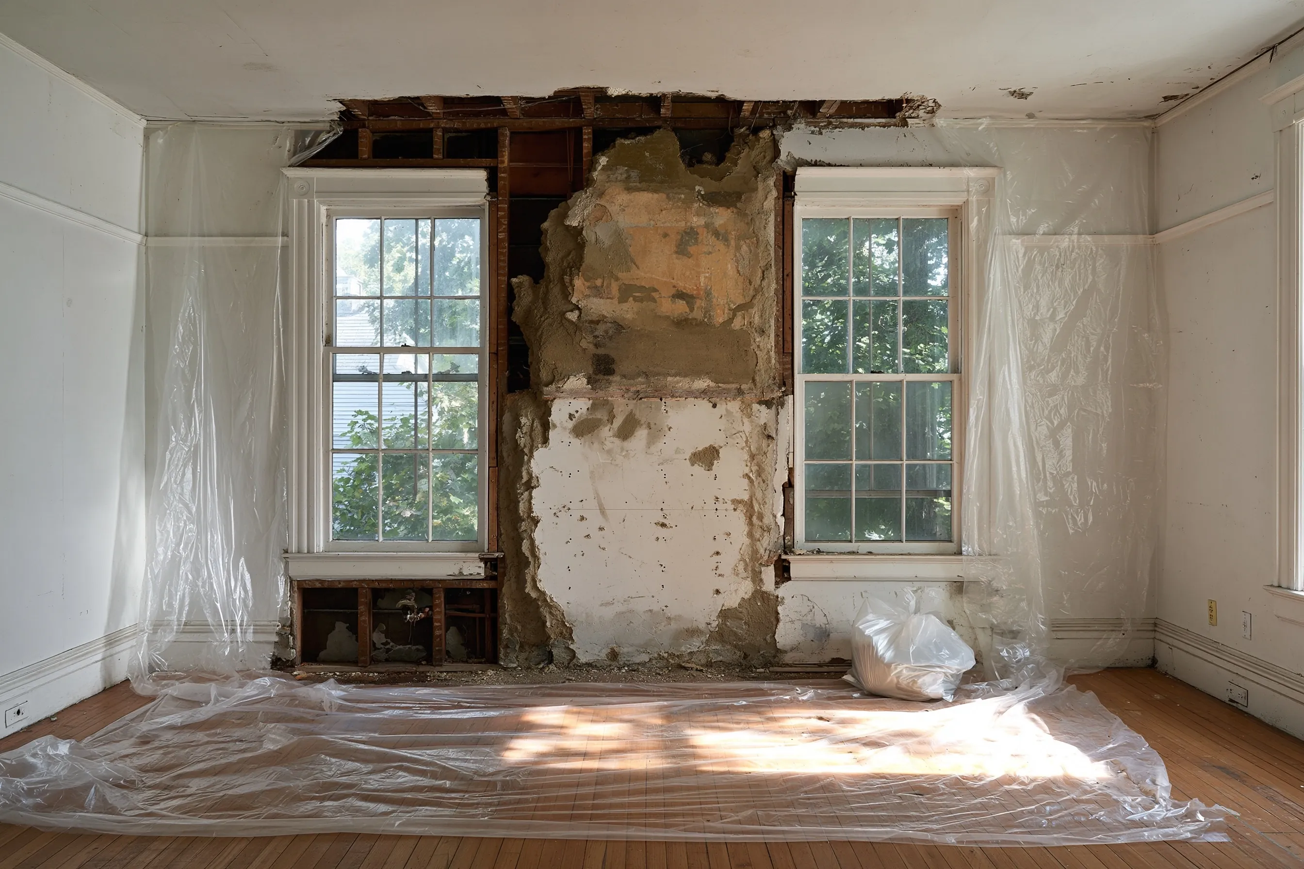 Older plaster and drywall wall opened during a remodel with joint compound visible